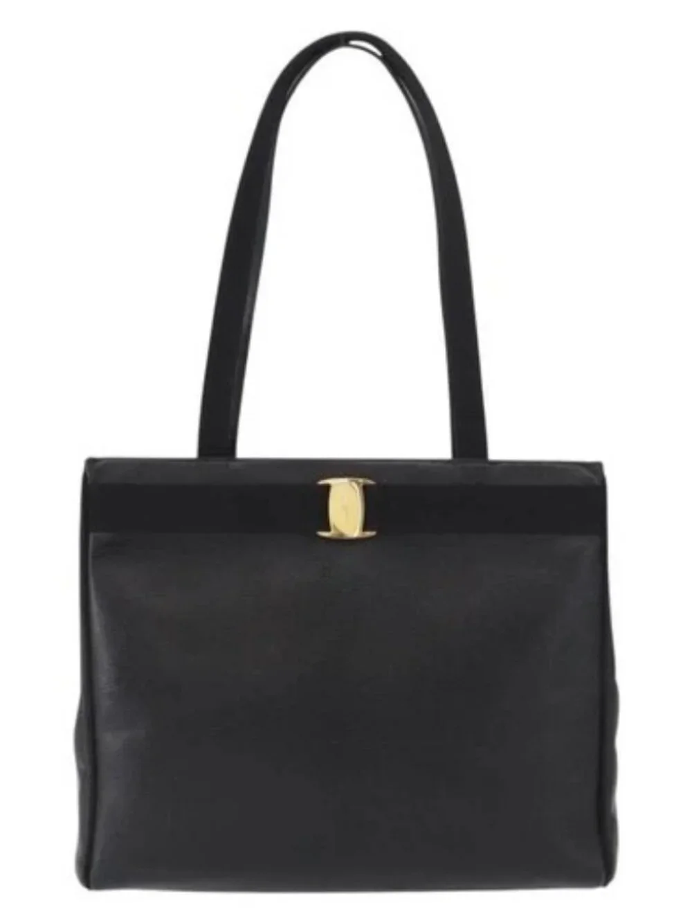 Salvatore Ferragamo Vala Tote Bag Leather Black Gold Auth BA7676